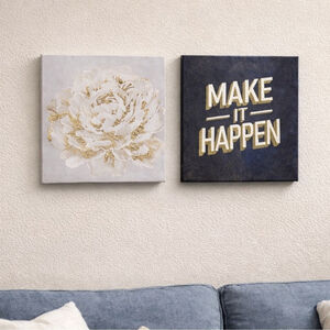 “Make it Happen” Floral Themed Contemporary Canvas Art Set (2) 8”x 8” Black Gold